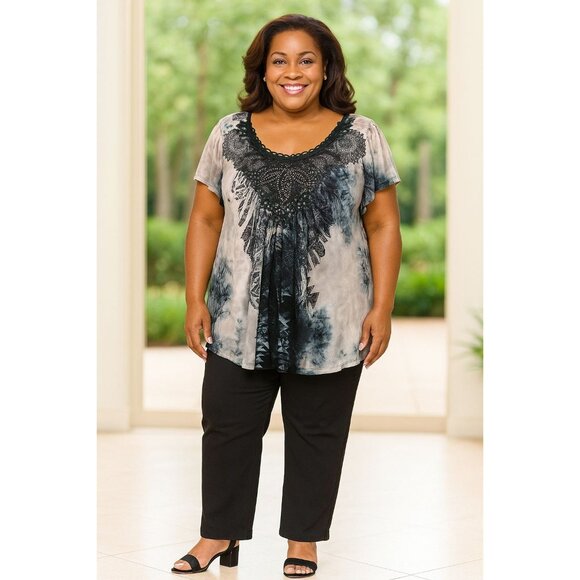 OneWorld Live And Let Live Plus Size 2X Top Tunic Lace Detail Tie-Dye Scoop Neck - Picture 9 of 9